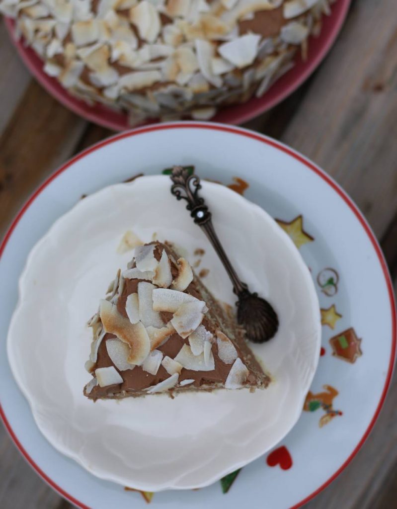 Lagana torta sa kokosom i čokoladom - torta bez brašna ukrašena sa listićima kokosa